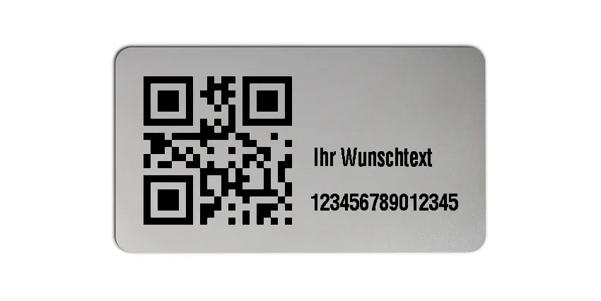 Inventaretiketten Universal Material:Polyester-Folie Silberoptik matt Größe:45x25mm Kopfzeile:"Ihr Wunschtext" Barcode:QR Stellenanzahl:15-stellig Menge:100