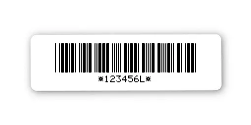 Archivierungsetiketten Material:Polyethylen-Folie hochglänzend weiß Größe:31x9mm Kopfzeile:"ohne" Barcode:Code 39 mit Prüfziffer Stellenanzahl:7-stellig Sonderetikett:Postfix 2 Menge:1000